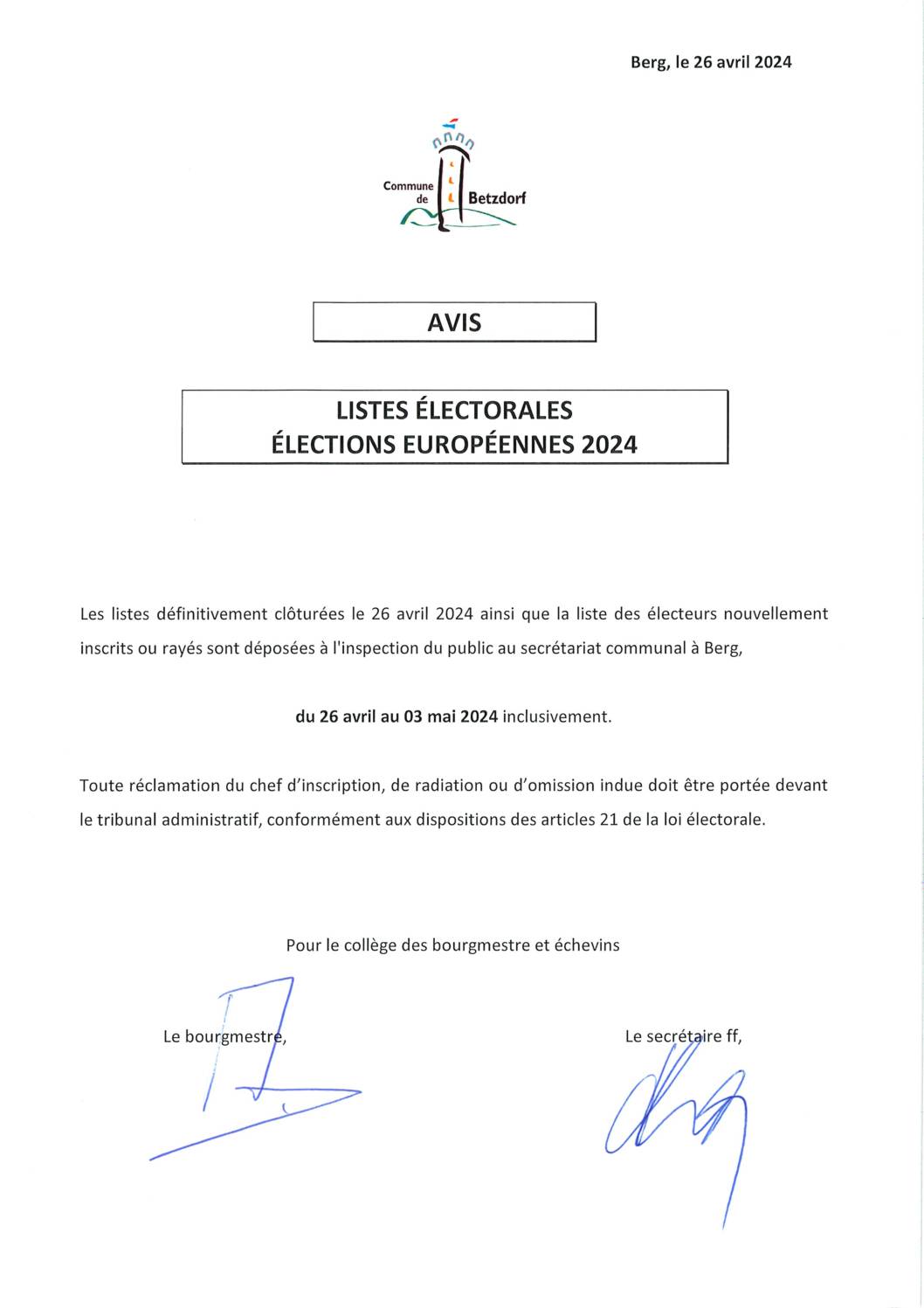Avis - Liste électorales définitive - Elections Européennes